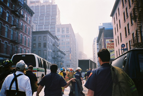 Members of the East Haven, Conn. fire department approaching the ruins of Ground Zero